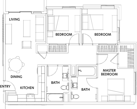 Floor plan for 3 beds, 2 baths, 990 sqft